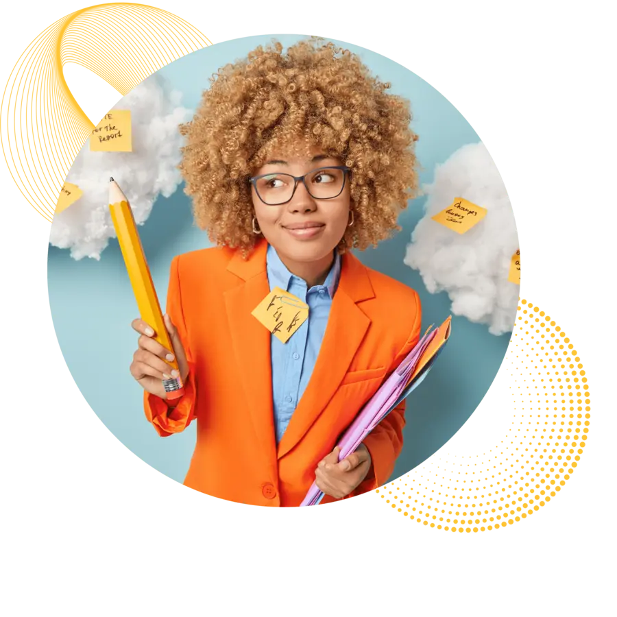 Professional in an orange blazer holding a giant pencil and colorful folders, with sticky notes on clouds in the background, symbolizing creative and efficient payroll services.